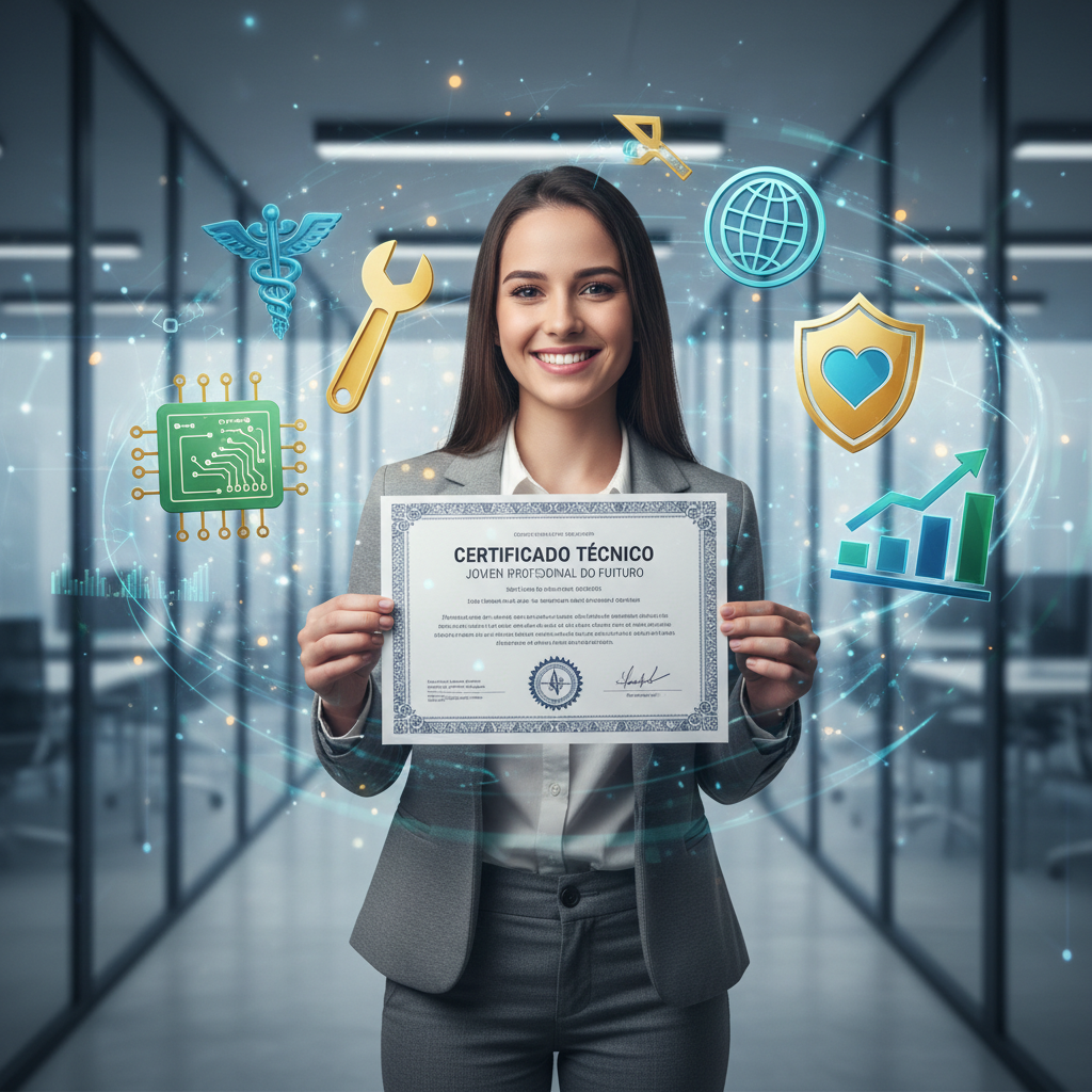 Jovem com certificado técnico, simbolizando a rápida inserção no mercado de trabalho