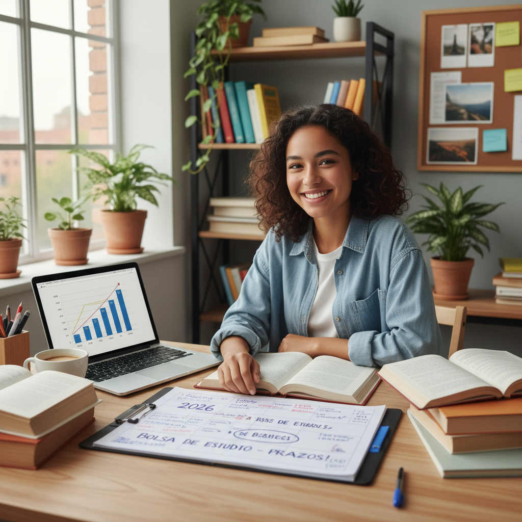 Estudante planejando a conquista de uma bolsa de estudo para 2026 com livros e laptop