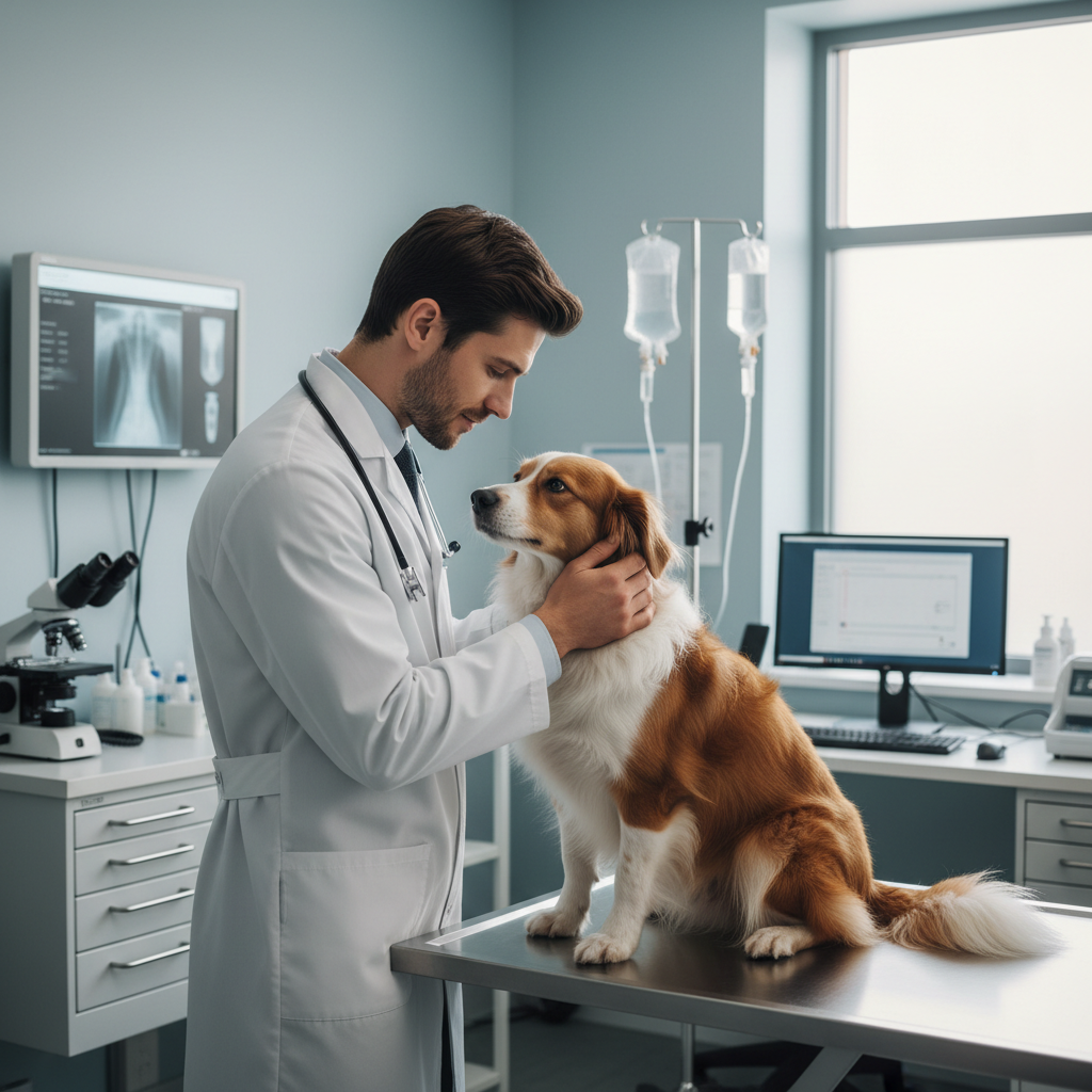 Veterinário examinando um cachorro em uma clínica, simbolizando a oncologia veterinária