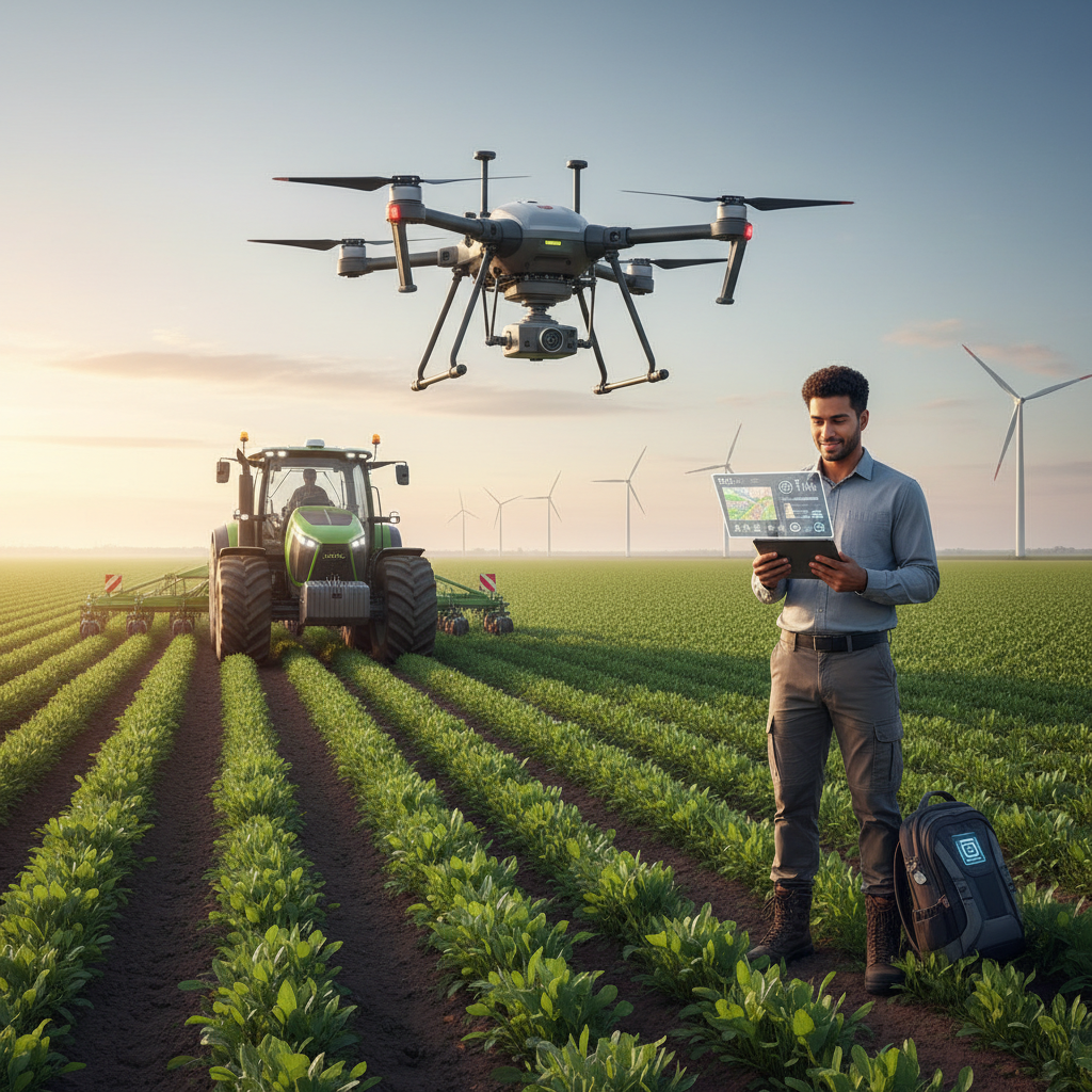 Um agrônomo em um campo com tecnologias agrícolas, como drone e trator autônomo, simbolizando o futuro da agronomia.